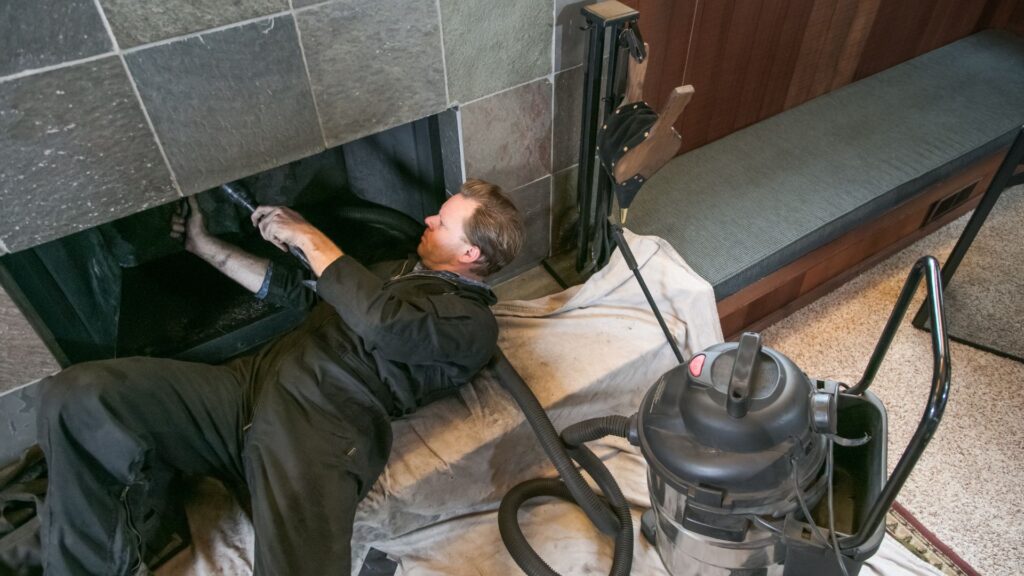 man vacuuming chimney