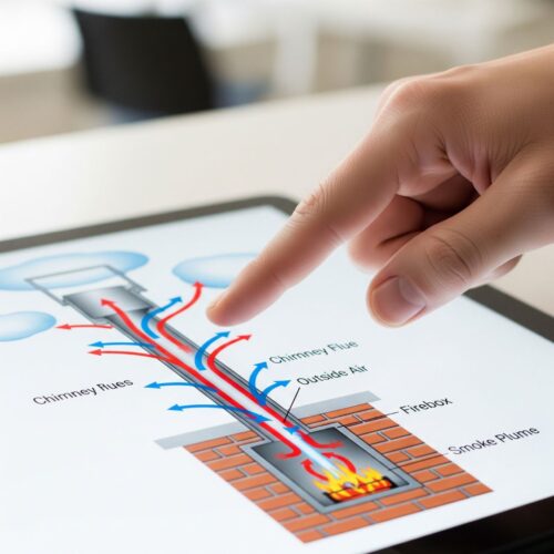 A person's hand pointing to a diagram illustrating the flow of hot gases through a chimney.
