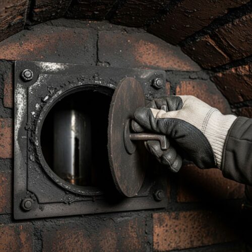 A chimney sweep's hand opening a damper or flue.