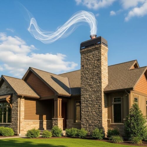 A home exterior with a chimney, emphasizing the importance of proper ventilation.