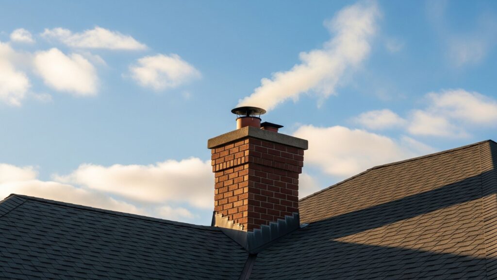 Professional stock photo of a residential chimney on a rooftop with smoke gently rising.