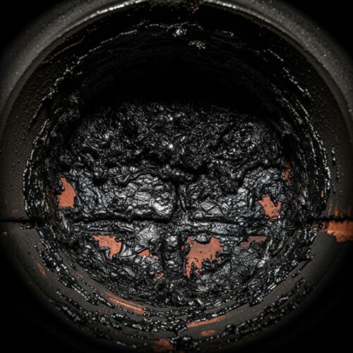 A dangerous buildup of creosote on the interior walls of a chimney, illustrating a fire hazard.