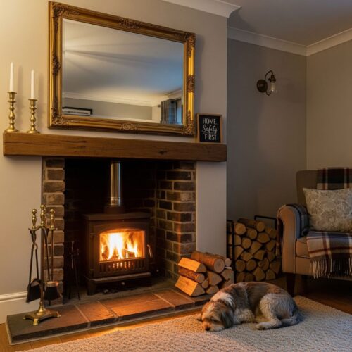 A cozy fireplace with a meticulously clean chimney flue, symbolizing home safety.