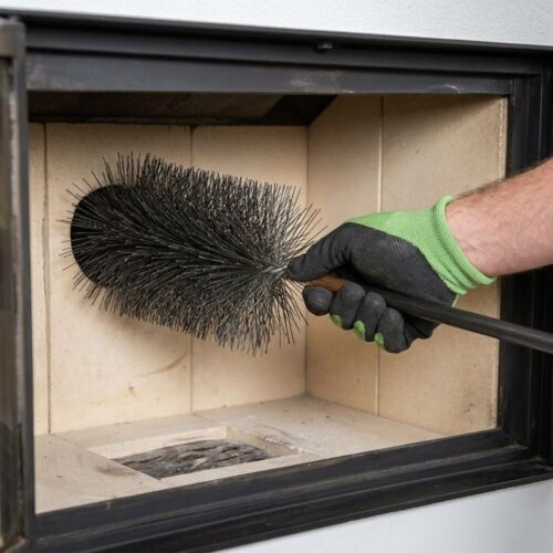 A close-up image shows a professional technician's gloved hand gently operating a soft chimney brush inside a clean fireplace flue.