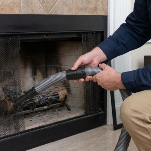 A professional technician's hands connect a high-powered, HEPA-filtered vacuum hose to a fireplace opening to contain dust and debris.