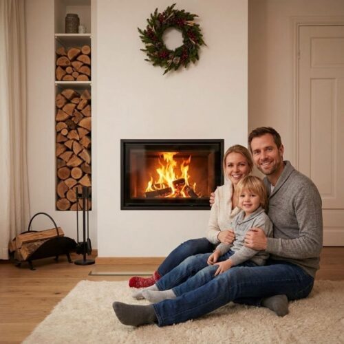 A happy family of three in a cozy living room, sitting next too a fireplace.