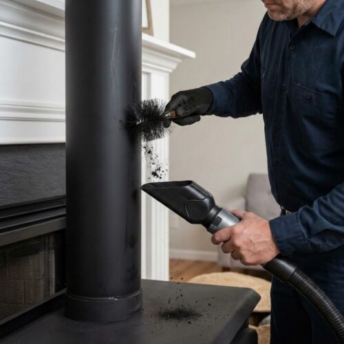 A close-up photograph capturing a professional chimney sweep using a specialized brush and vacuum containment system to efficiently remove creosote from a black stovepipe, preventing particulate matter from entering the home.
