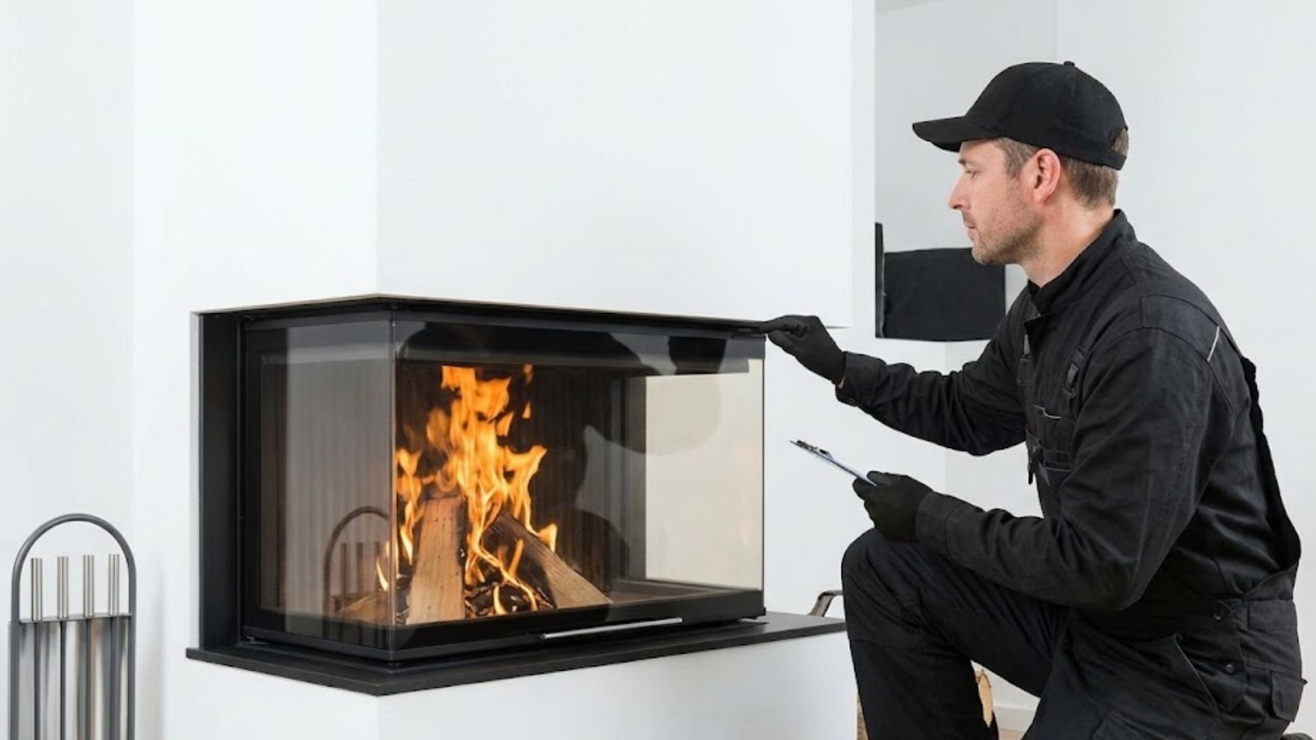 A professional chimney sweep uses technical equipment to inspect a clean, modern fireplace.