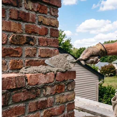 A professional inspector carefully examining the exterior of a residential chimney stack.
