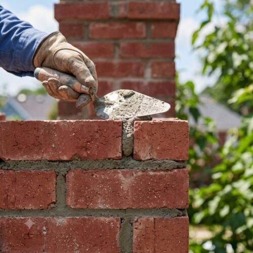 A craftsman performing precise tuckpointing work to repair deteriorating mortar joints between bricks.