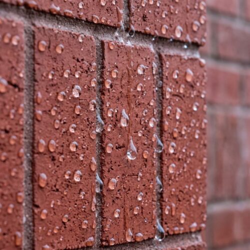 Clear water droplets beading smoothly on a newly waterproofed brick masonry surface.